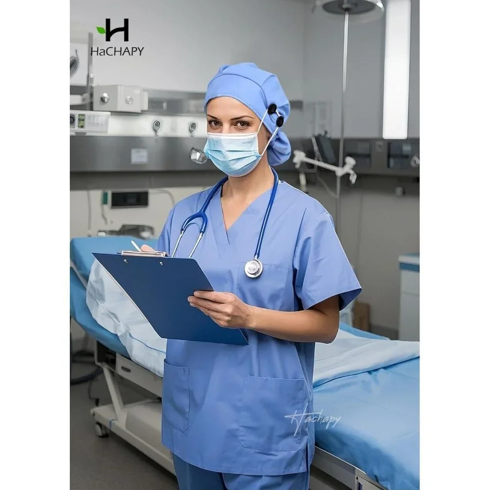 Satin Lined Scrub Cap Women Ponytail Cotton Surgical Nurse Cap 4 Buttons